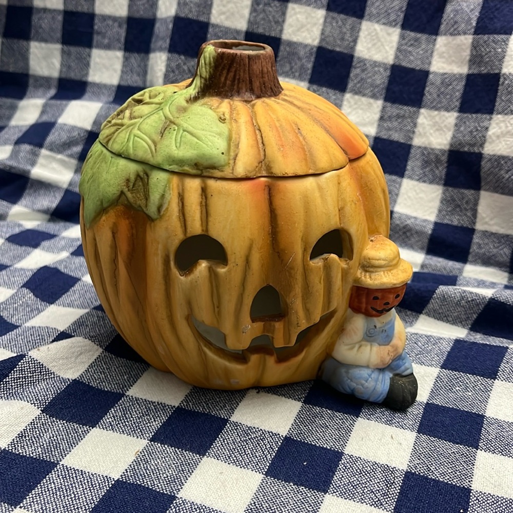 Lenox Halloween Jack-o’-lantern and scarecrow votive holder. Pumpkin. Fall.